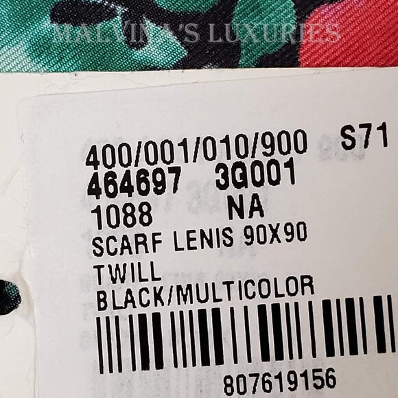 GUCCI SCARF LENIS FLORAL BLACK MULTICOLOR PRINT w LOGO TWILL SILK SQUARE 35" - Picture 12 of 13